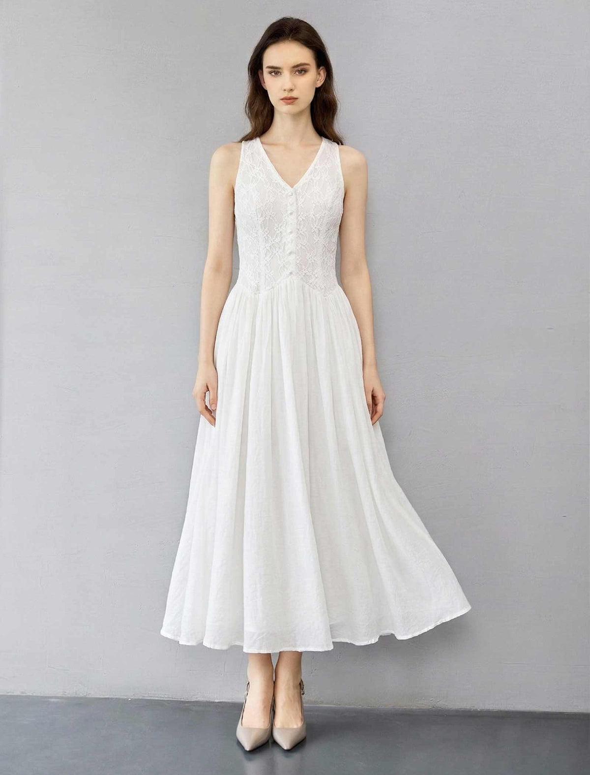 V-Neck Longline Vest Style Lace Layered Dress