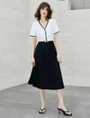 V-Neck Color-Block Waist-Cinched Pleated Dress