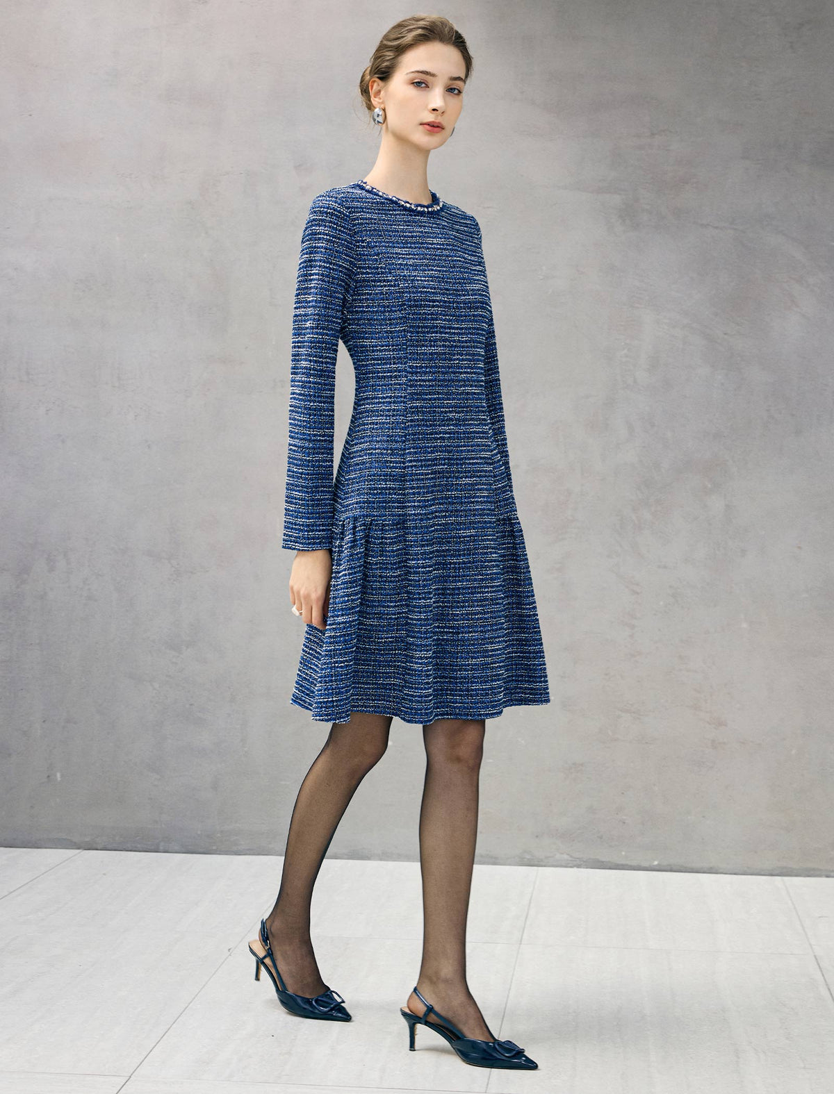 Braided-Trim Crewneck Long Sleeve A-Line Pocket Dress