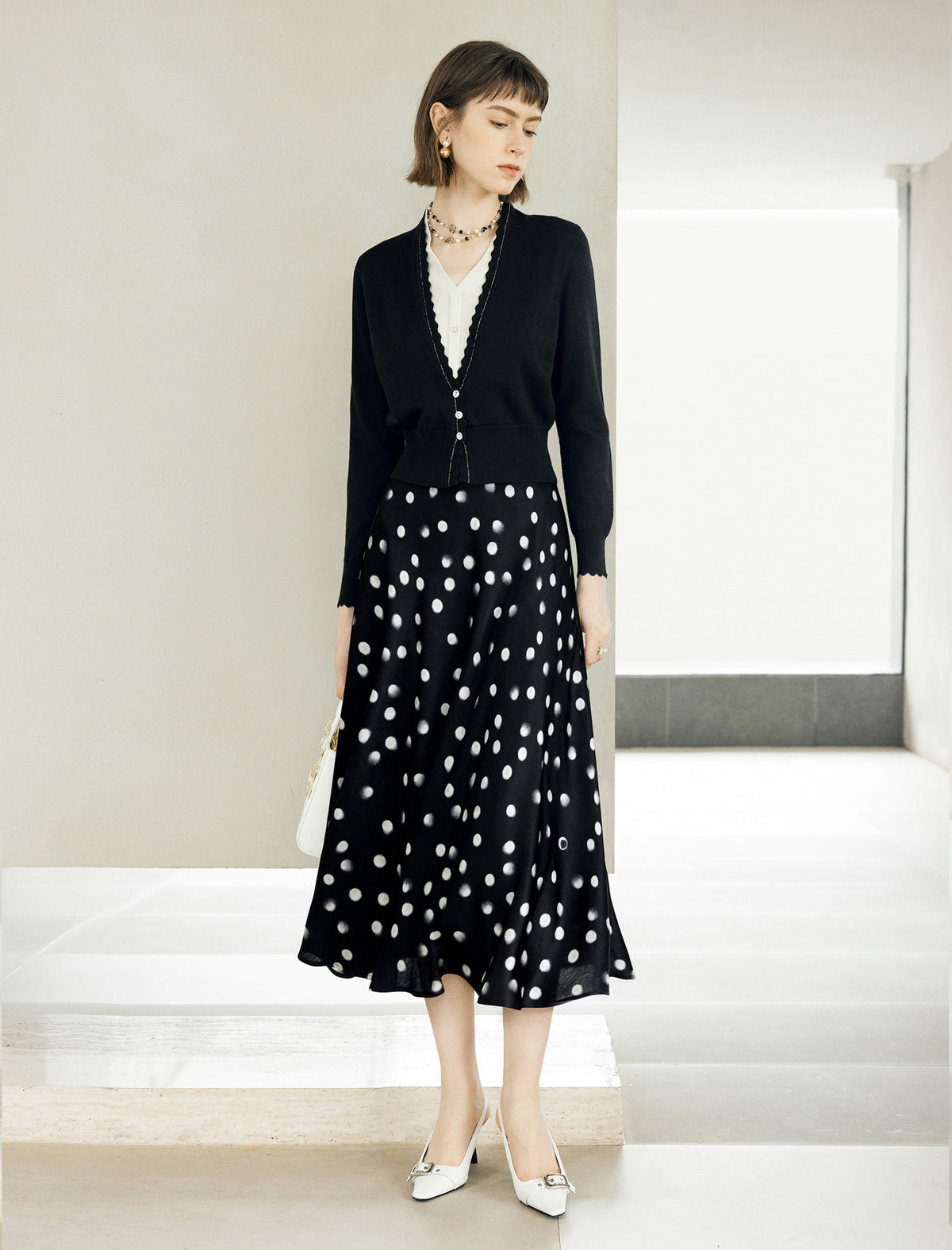 Black Watercolor Polka Dot High Waist Flared Midi Skirt