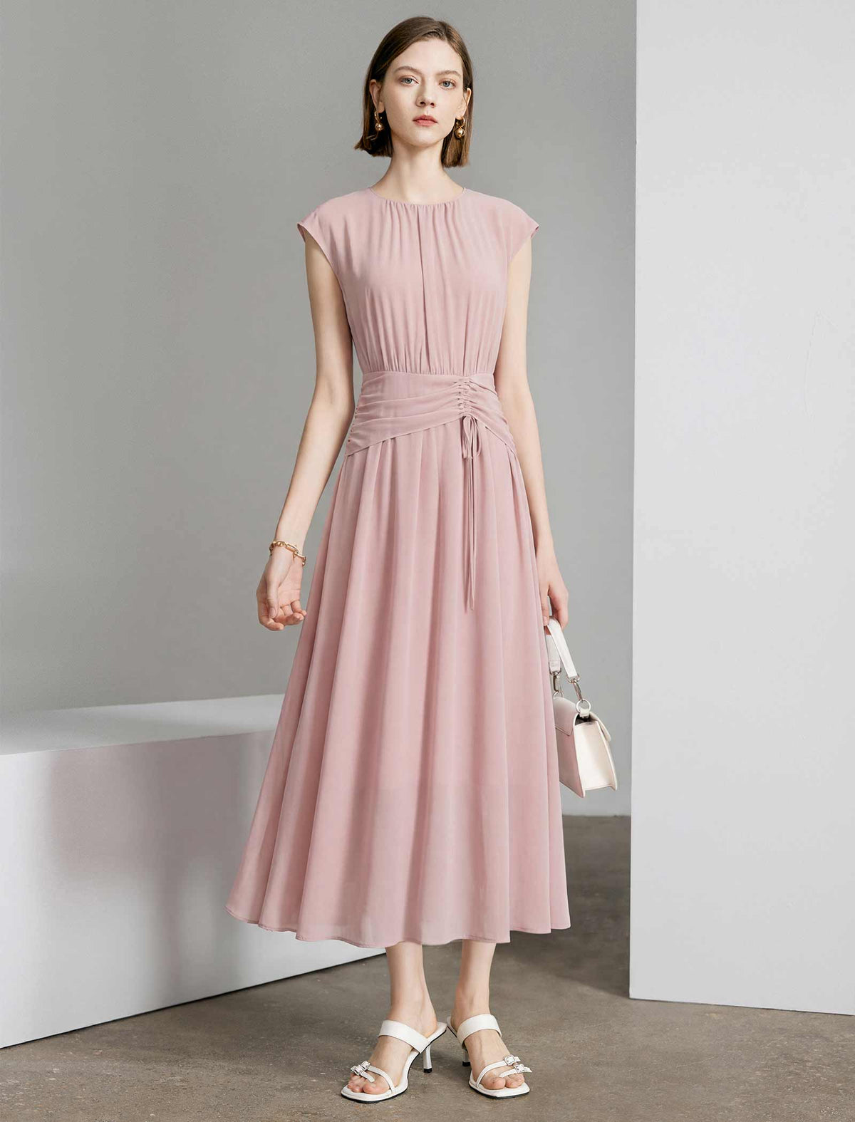 Dusty Pink Ruched Waist Midi Dress