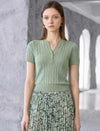 Wavy Openwork Tencel Linen Henley Knit Top