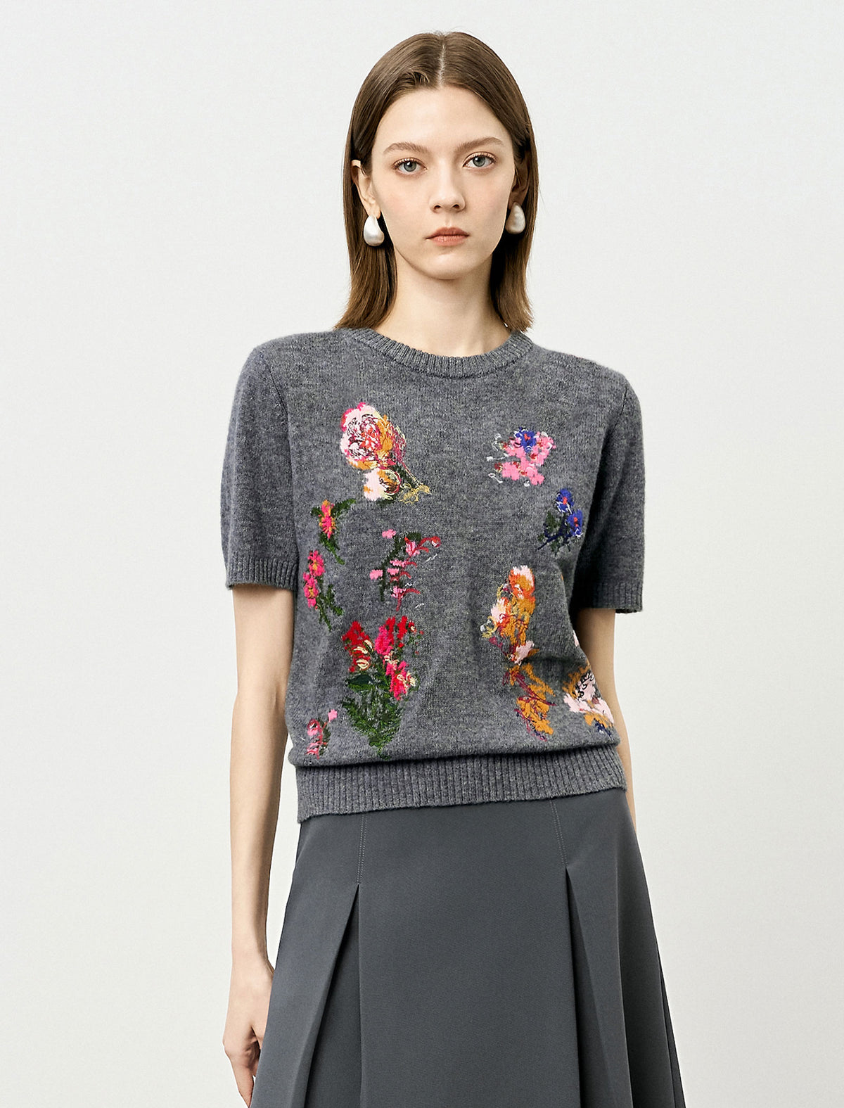 Grey Floral Embroidered Short Sleeve Sweater