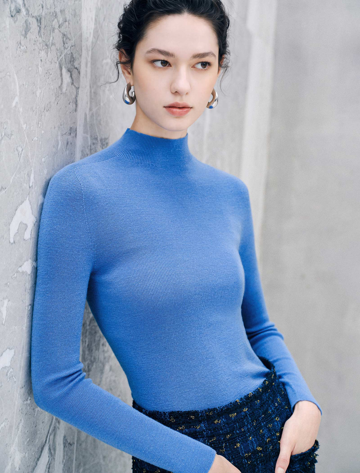 Mock Neck Ribbed Long Sleeve Knit Top