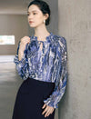 Abstract Floral Print Long Sleeve Office Blouse