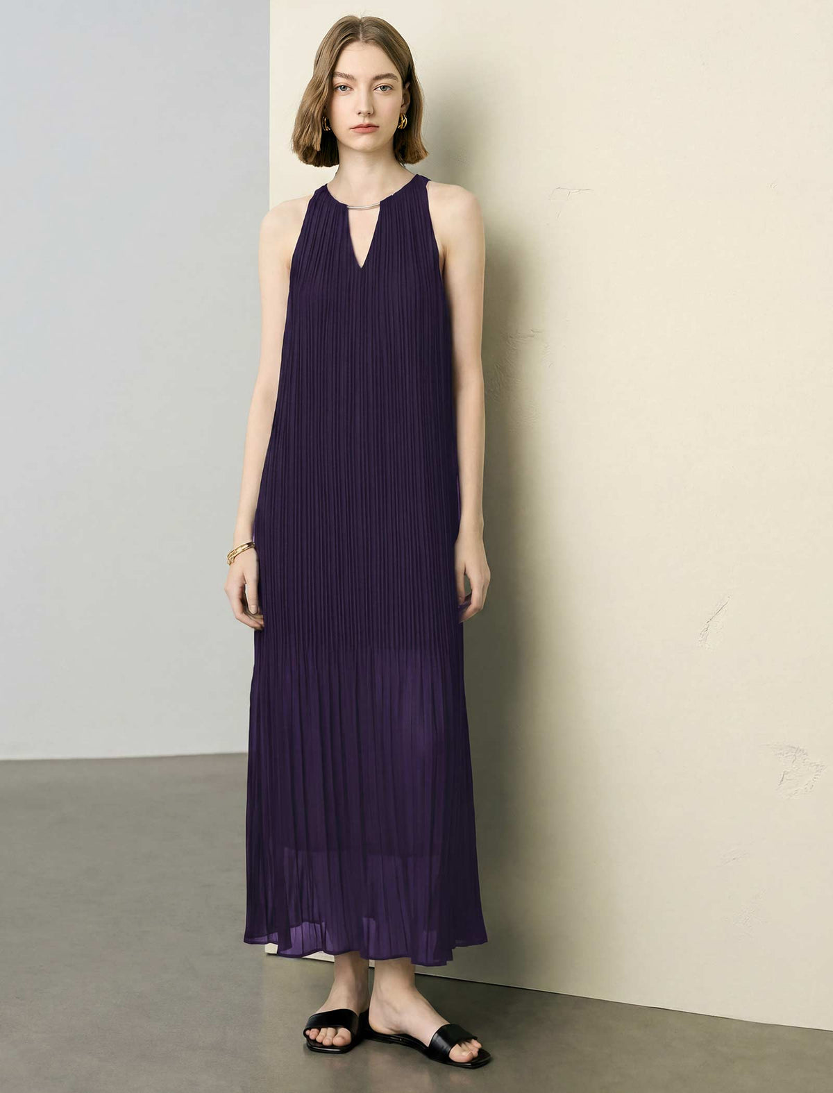 Dark Purple Pleated Halter Maxi Dress