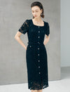 Black Lace Pearl Button Midi Dress