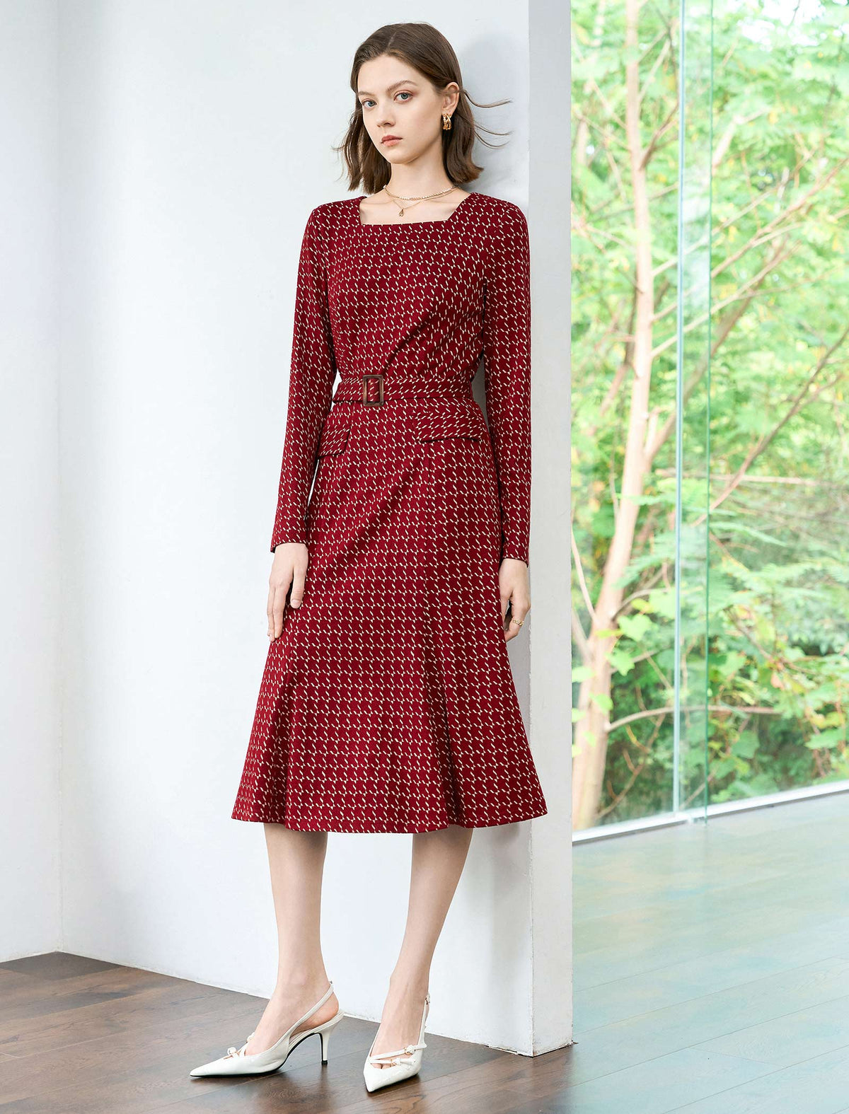 Square Neck Belted Plaid Midi Dress
