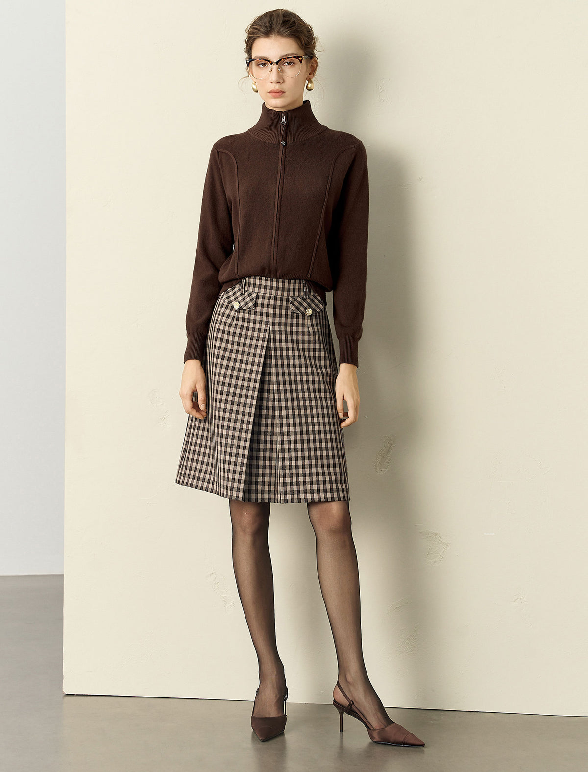 Brown Plaid Front Slit Midi Skirt