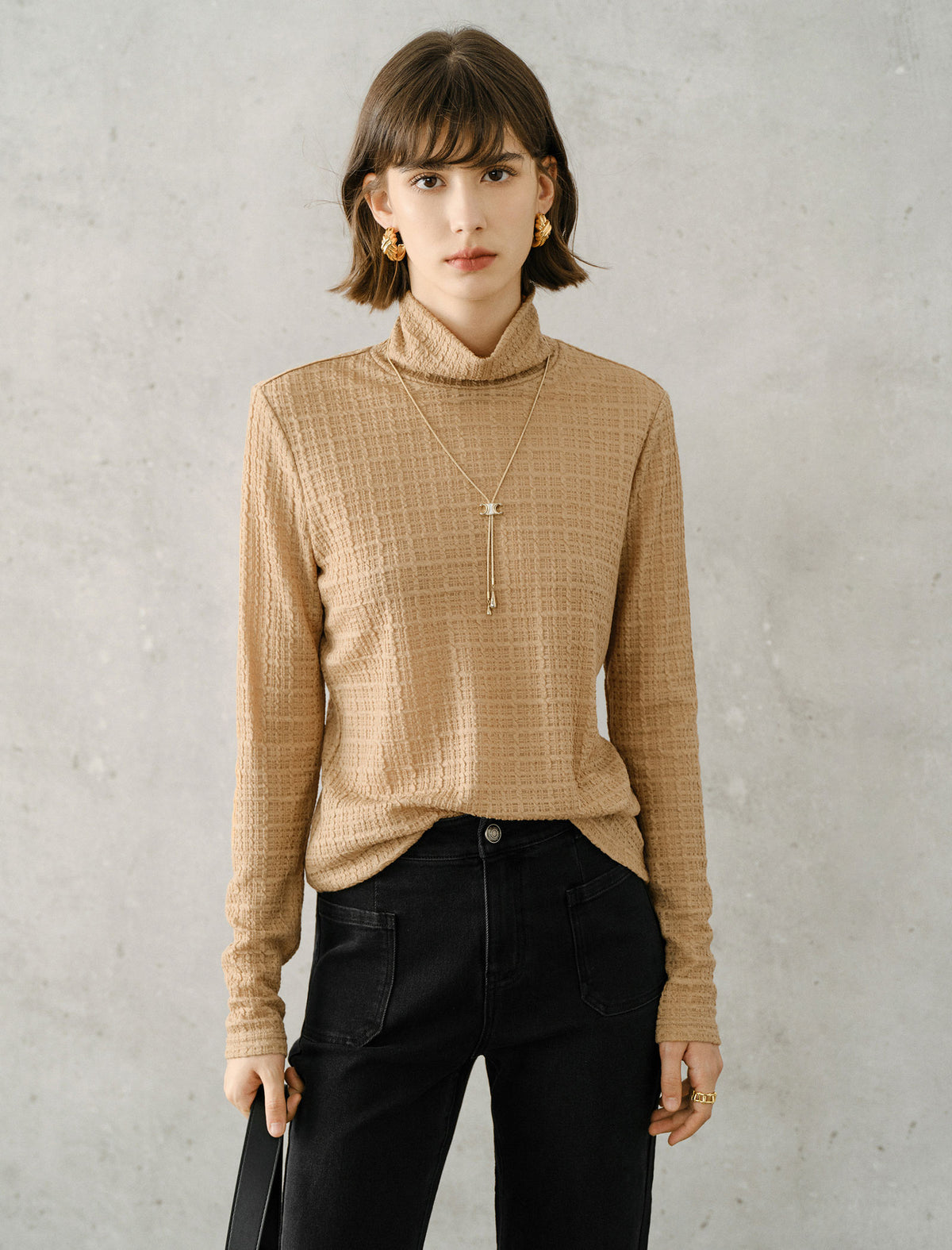 Wool Blend Textured Turtleneck Long Sleeve Knit Top