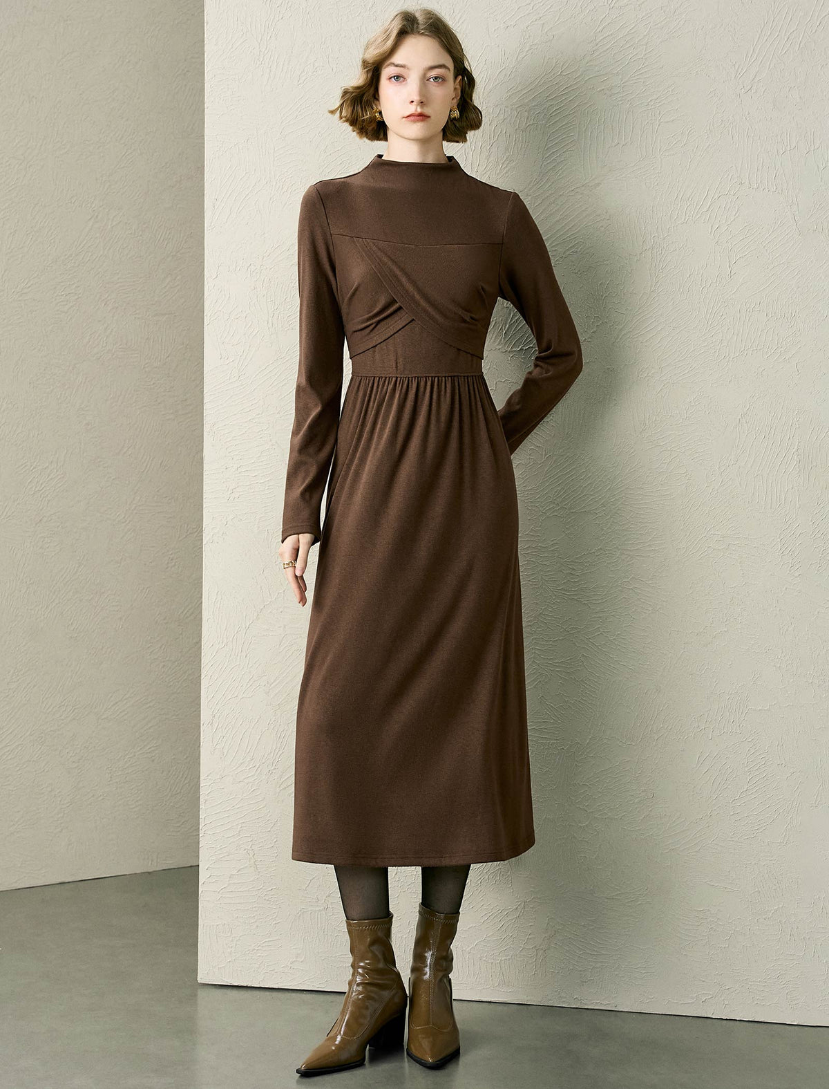 Mock Neck Wrap Detail Long Sleeve Midi Dress