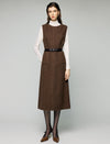 Wool Blend Striped V-Neck Belted Sleeveless Midi Dress