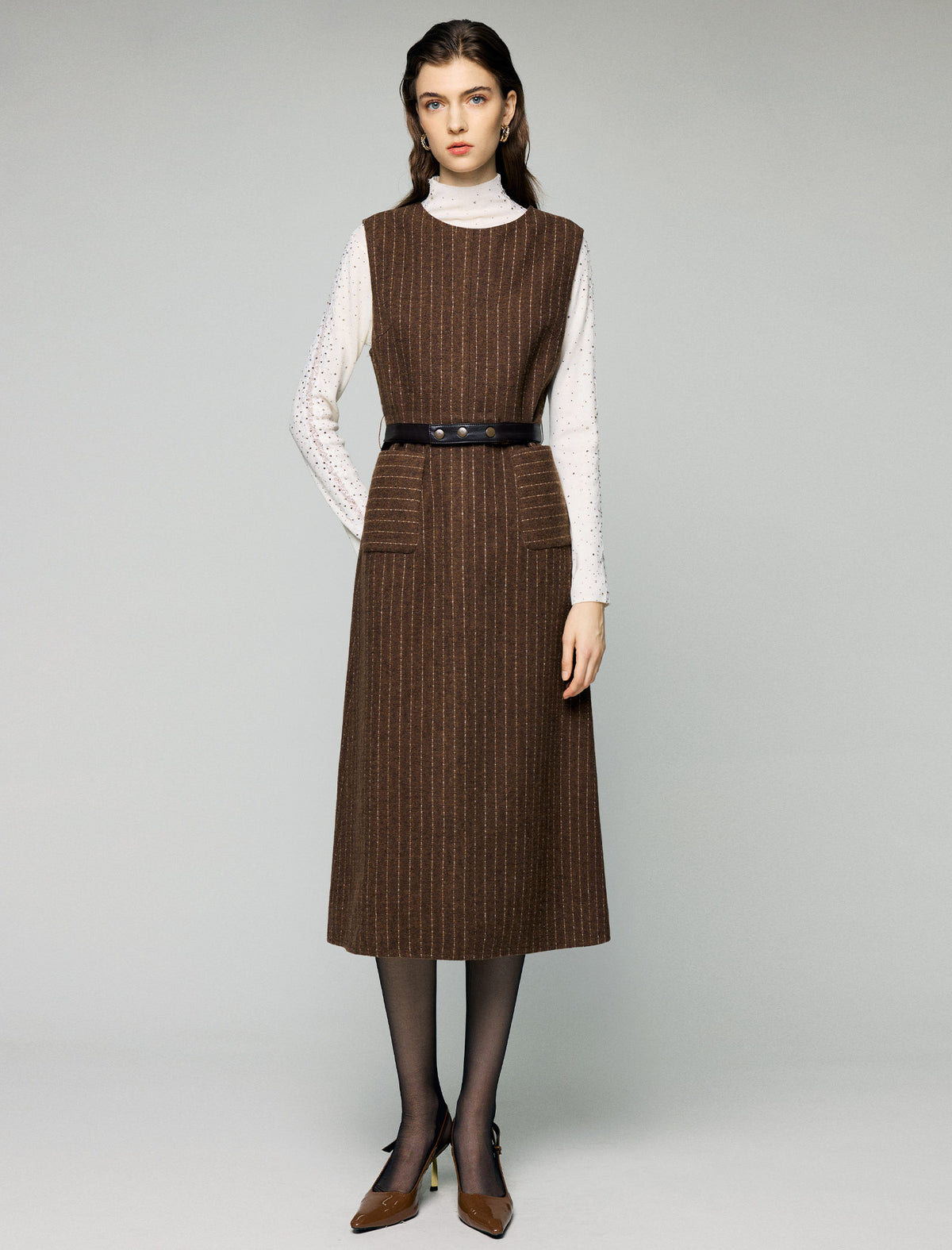 Wool Blend Striped V-Neck Belted Sleeveless Midi Dress
