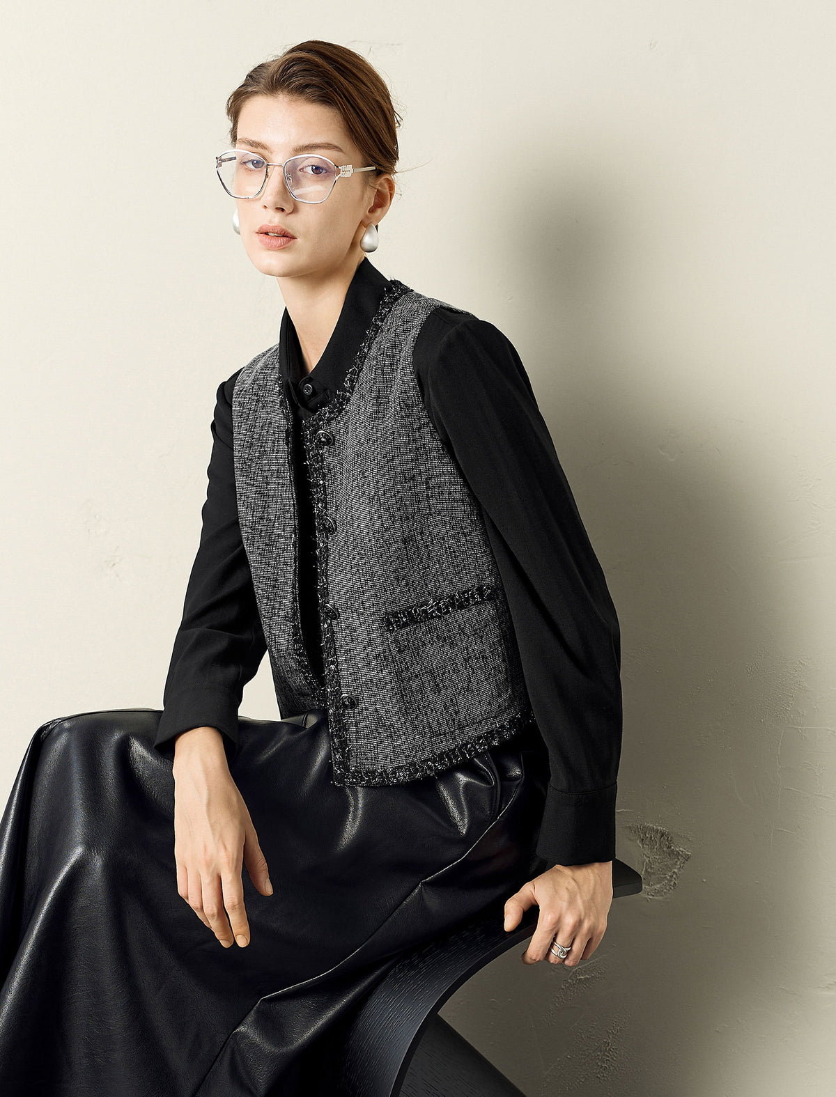 Black Trim Tweed Vest