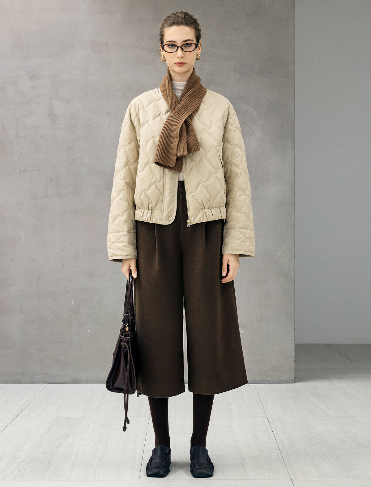 Diamond-Quilted Baseball-Collar Drawstring Cropped Puffer Jacket