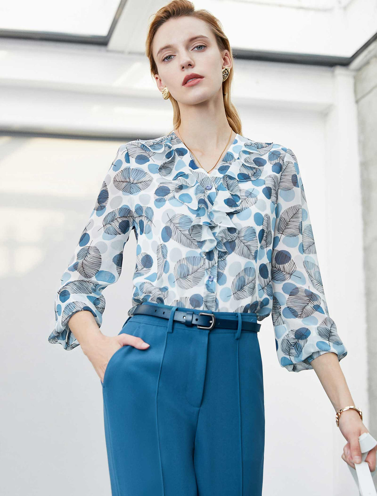 Leaf Print Ruffle Front Blouse