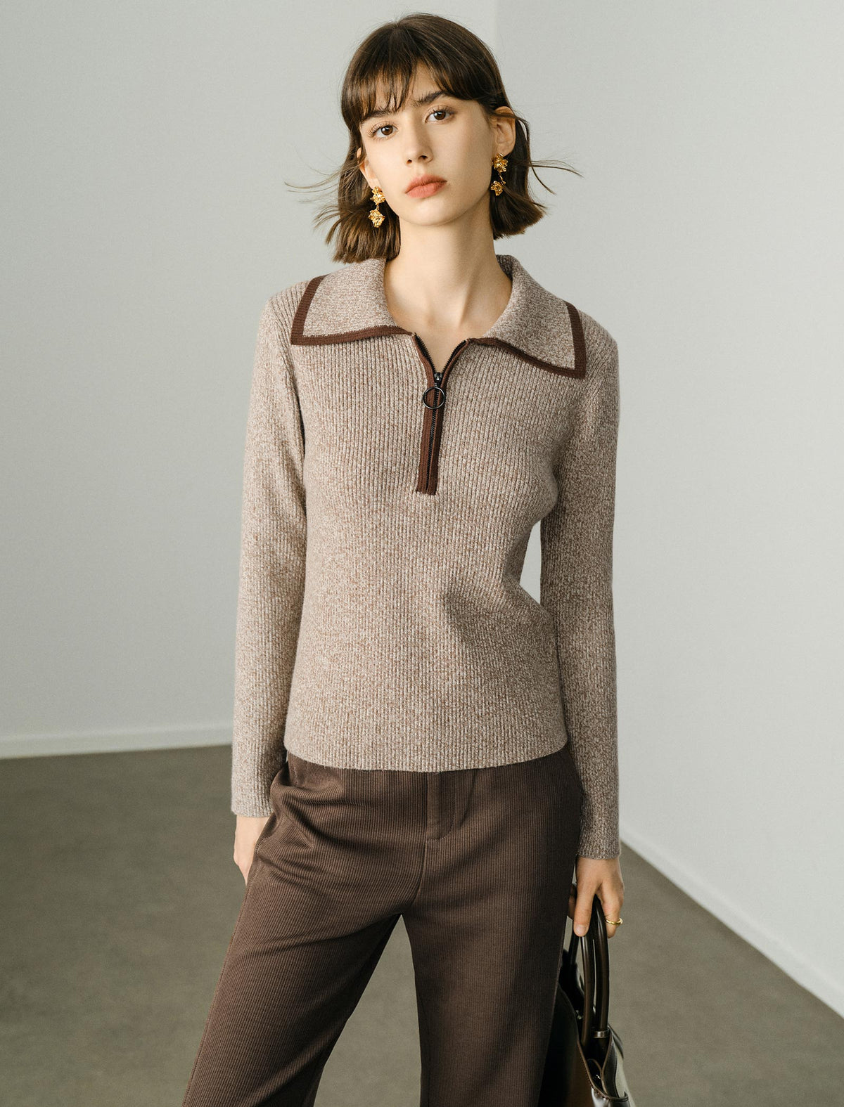 Half Zip Contrast Trim Knit Sweater