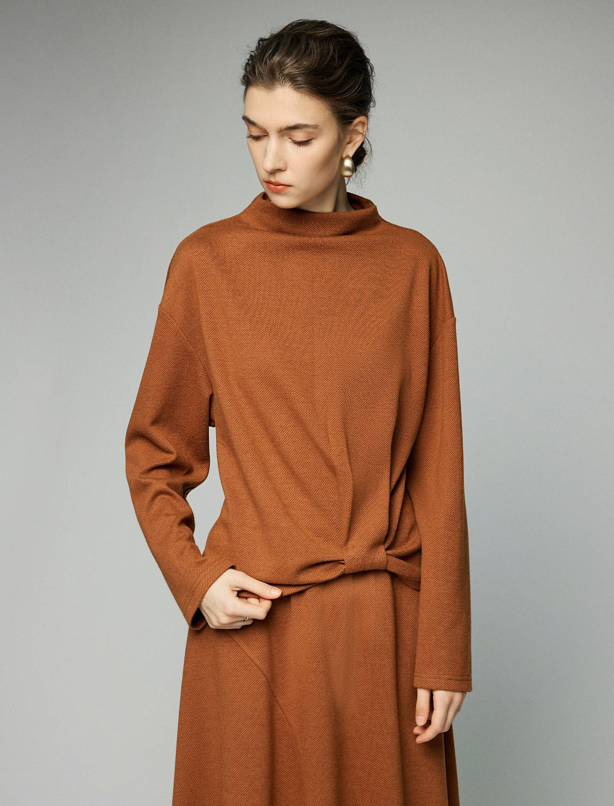 Wool Blend Twist-Front Mock-Neck Relaxed Top