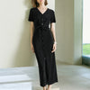 Shiny Black V-Neck Twist Detail Midi Dress - Black