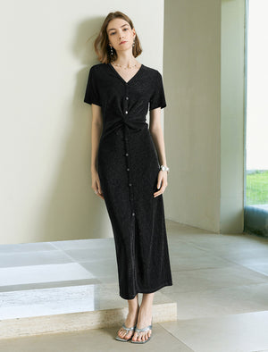 Shiny Black V-Neck Twist Detail Midi Dress