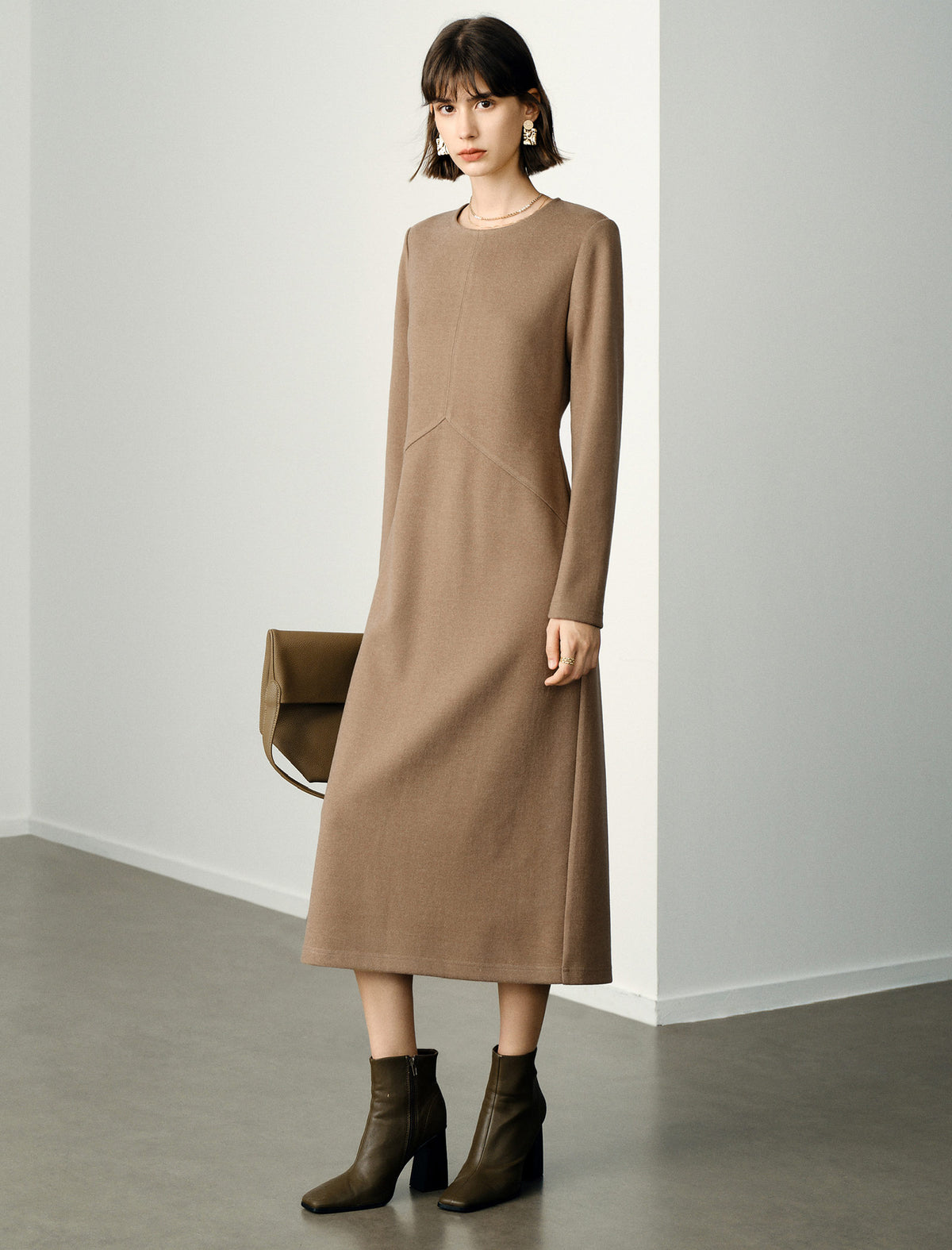 Wool Blend Camel Structured Seamed Midi Dress