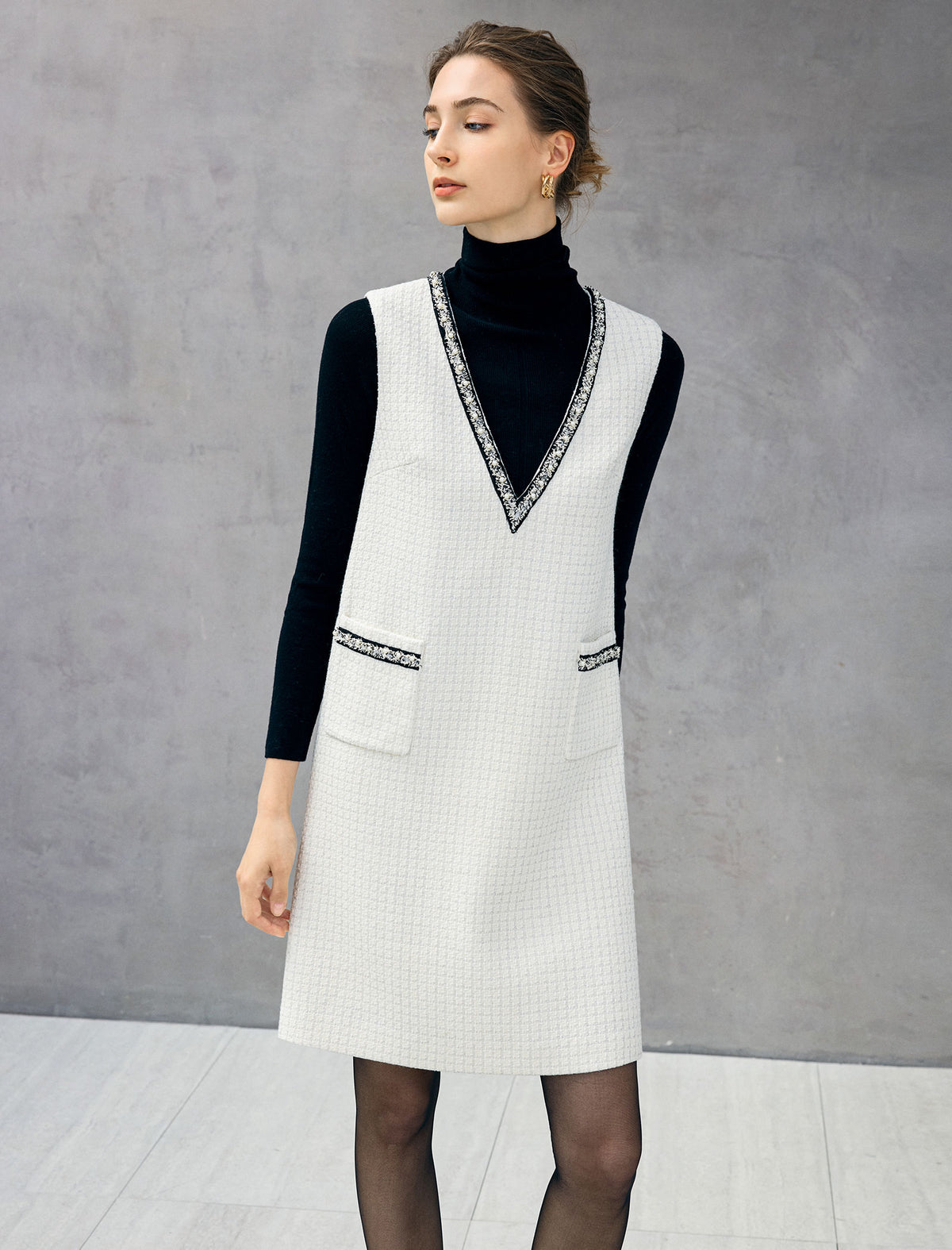 Wool Blend Braided-Trim V-Neck Pocket Sleeveless Dress
