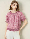 2-Way Pink Floral Print Ruffle Neck Puff Sleeve Elastic Hem Top