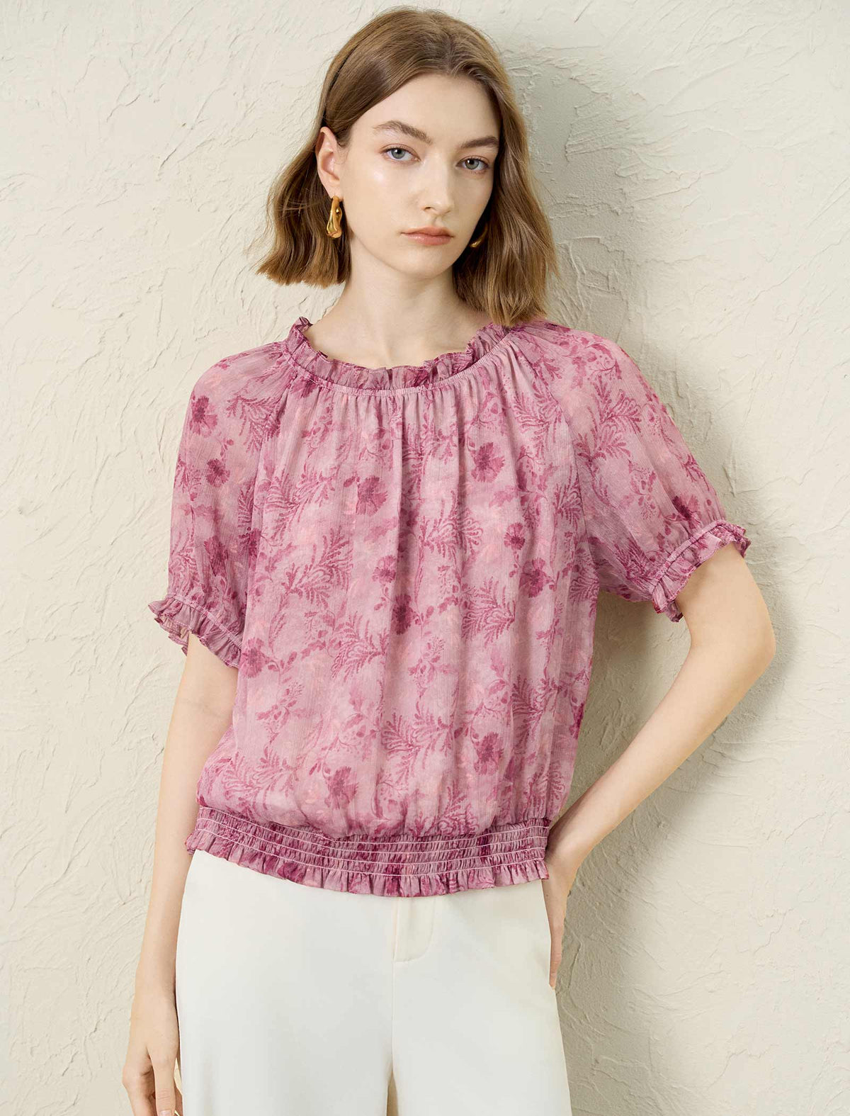 2-Way Pink Floral Print Ruffle Neck Puff Sleeve Elastic Hem Top