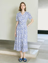 Blue Polka-Dot Short Sleeve Gathered-Waist Dress