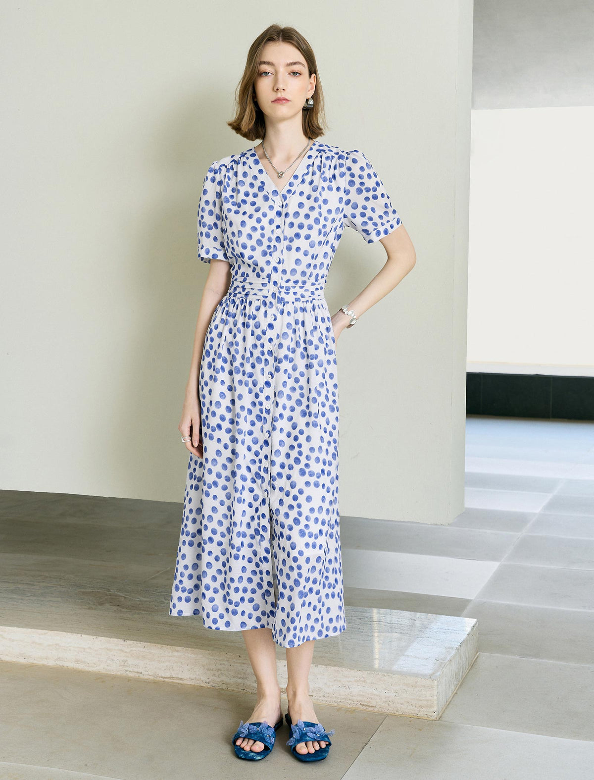Blue Polka-Dot Short Sleeve Gathered-Waist Dress