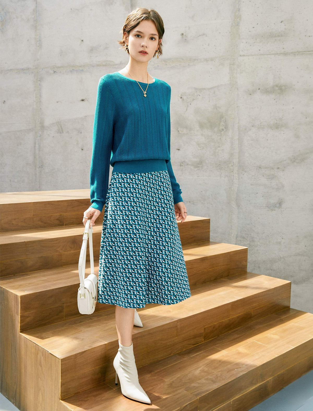 Wool Geometric Print A-Line Midi Skirt