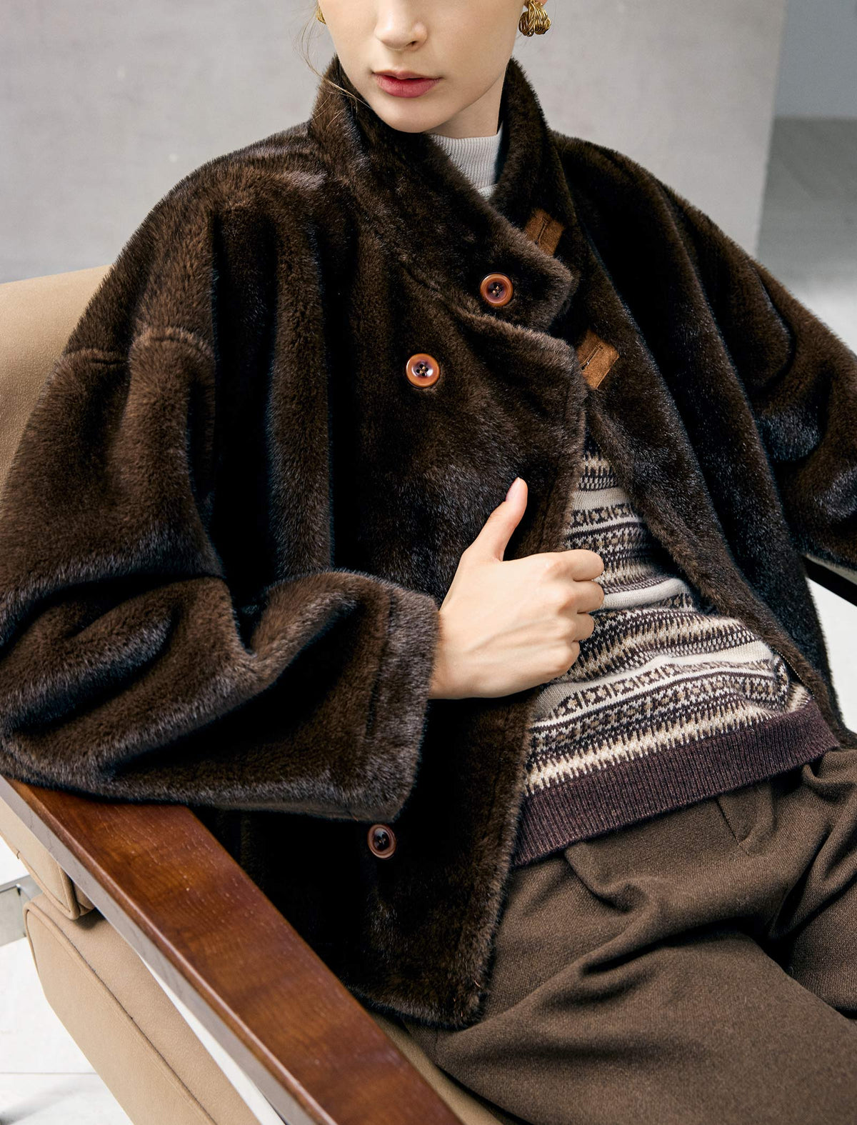 Stand-Collar Contrast-Toggle Cropped Jacket