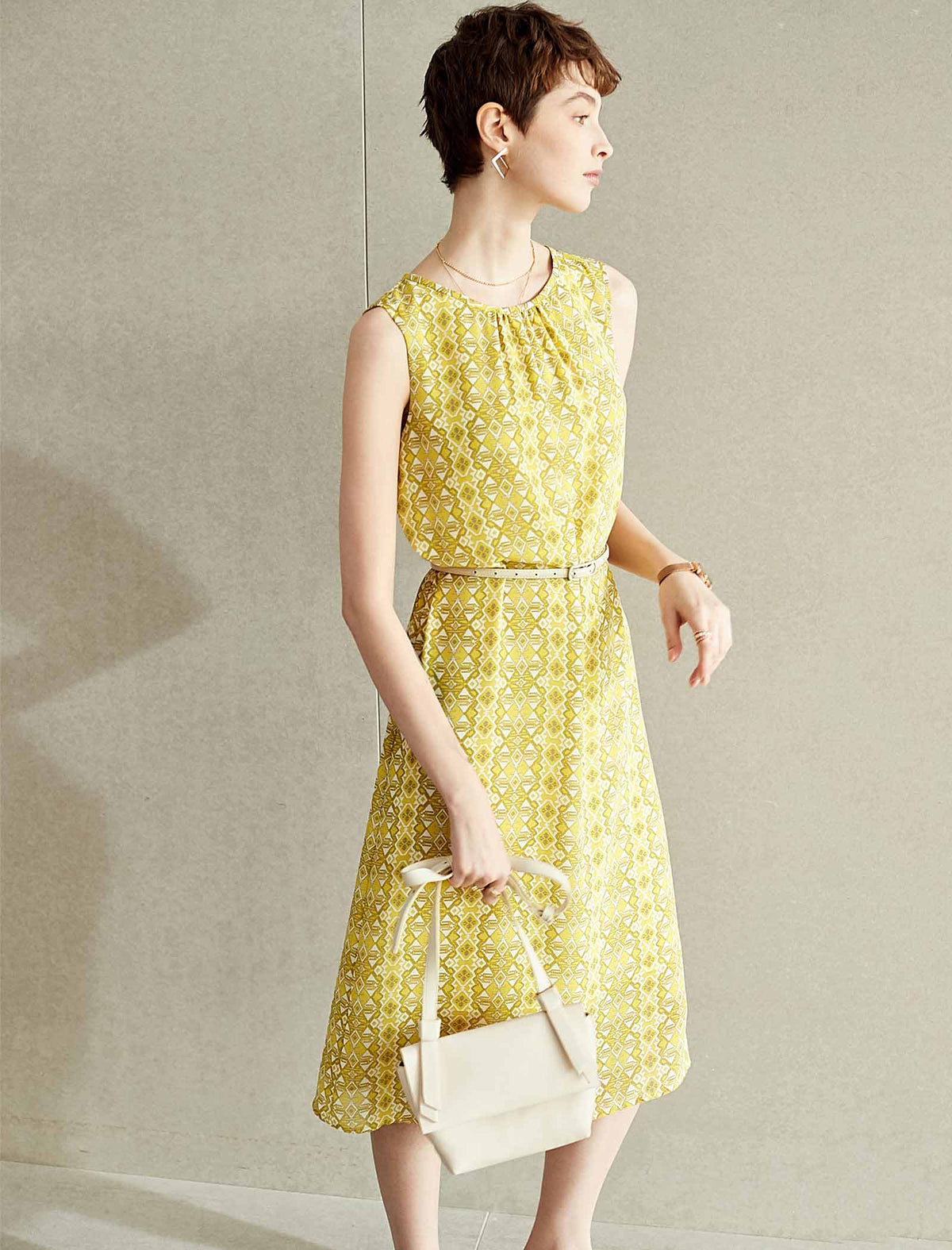 Yellow Geometric Print Sleeveless Midi Dress