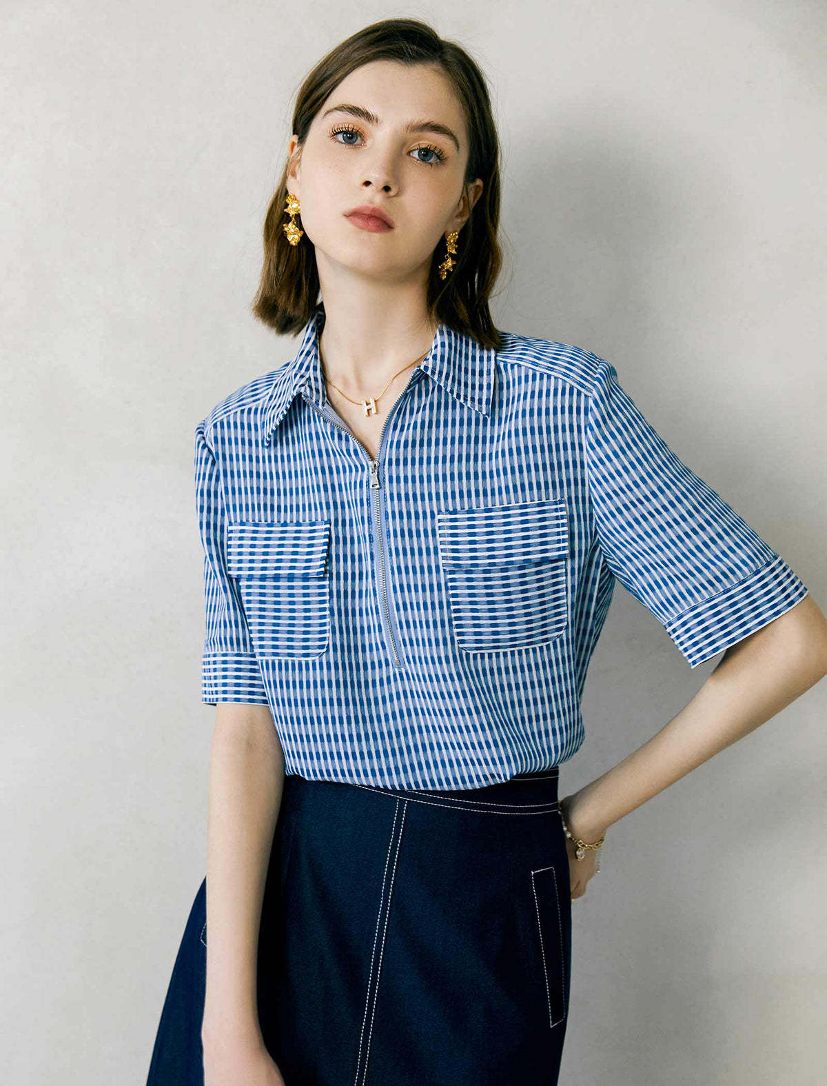 V-Neck Short Sleeve Polo Knit Top