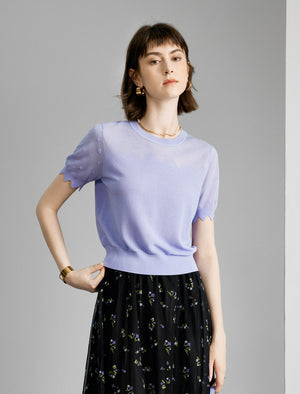 Lavender Scalloped Short Sleeve Knit Top