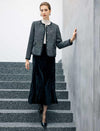 Wool Blend Braided-Trim Crewneck Pearl-Button Cropped Jacket