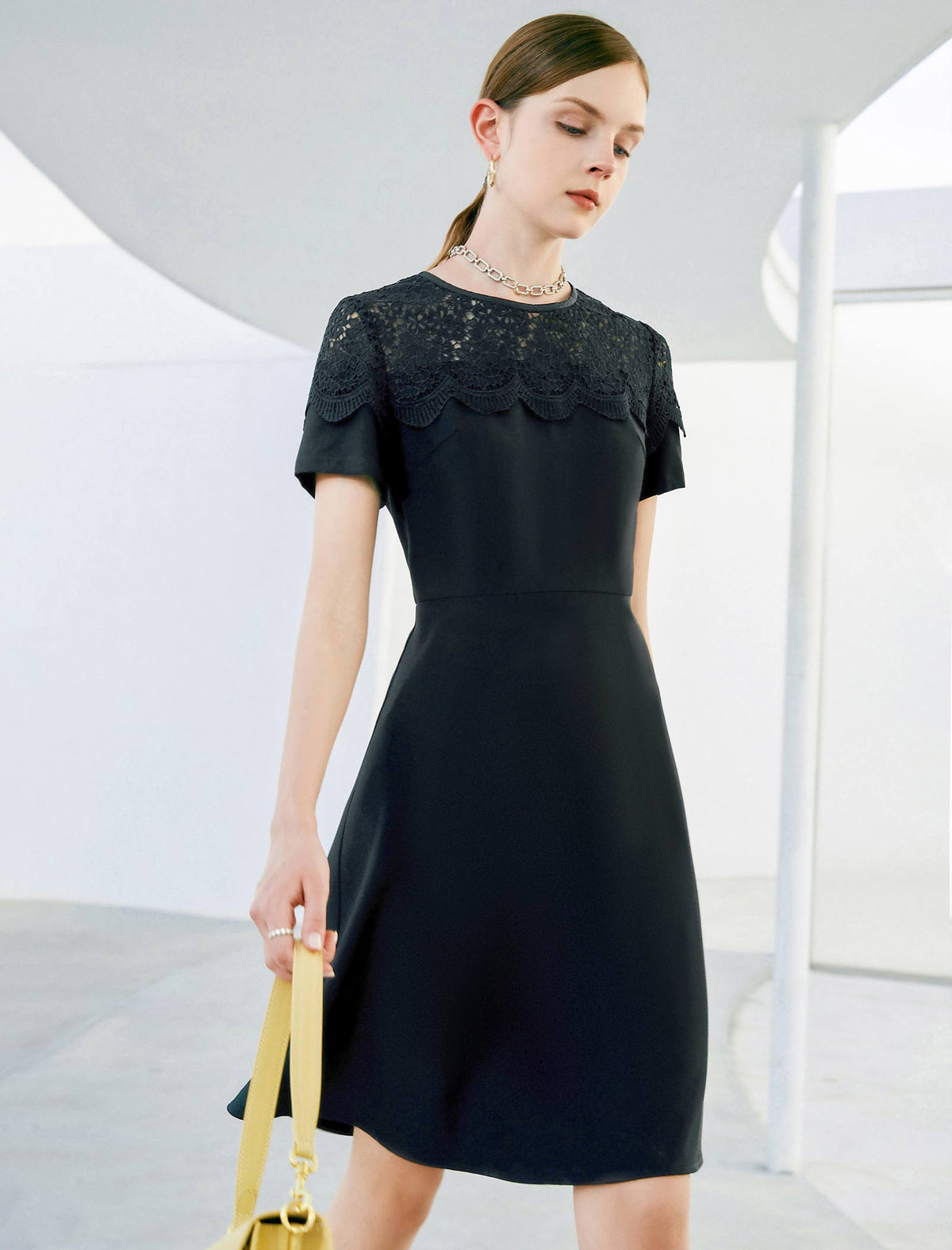 Lace Round Neck Waist-Cinched Dress