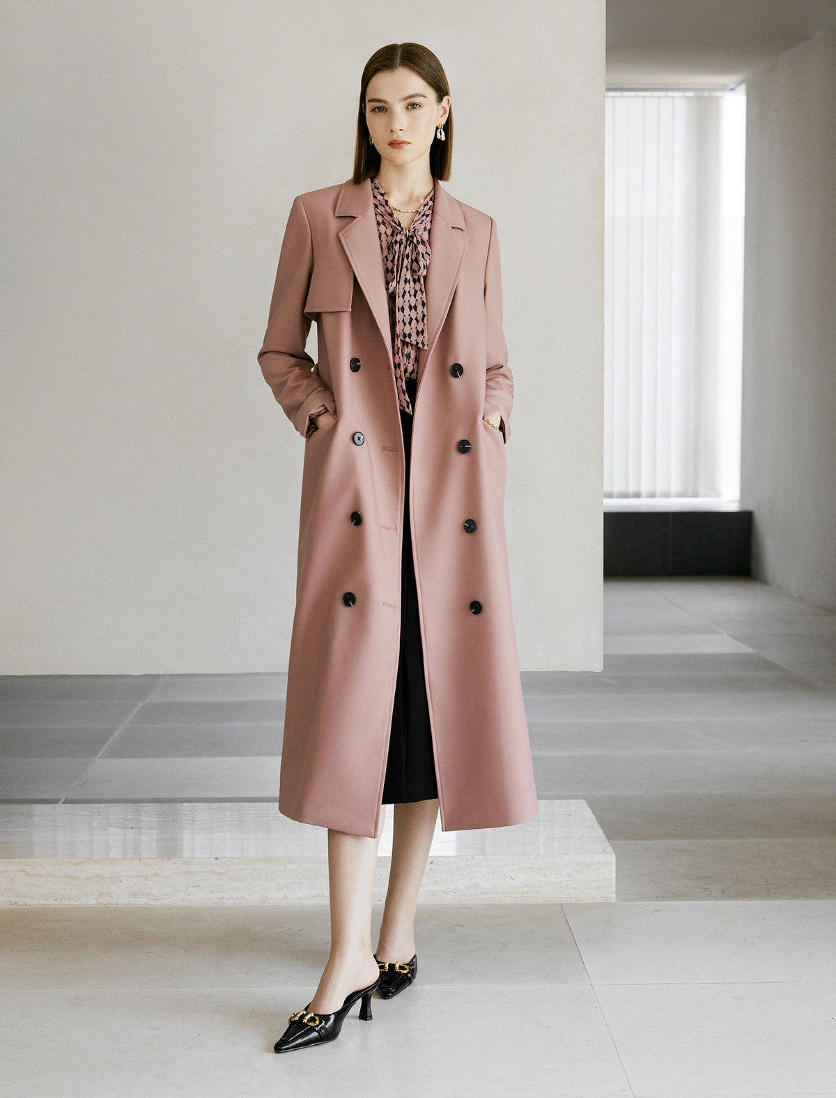 Gathered Waist Double-Breasted Trench Coat