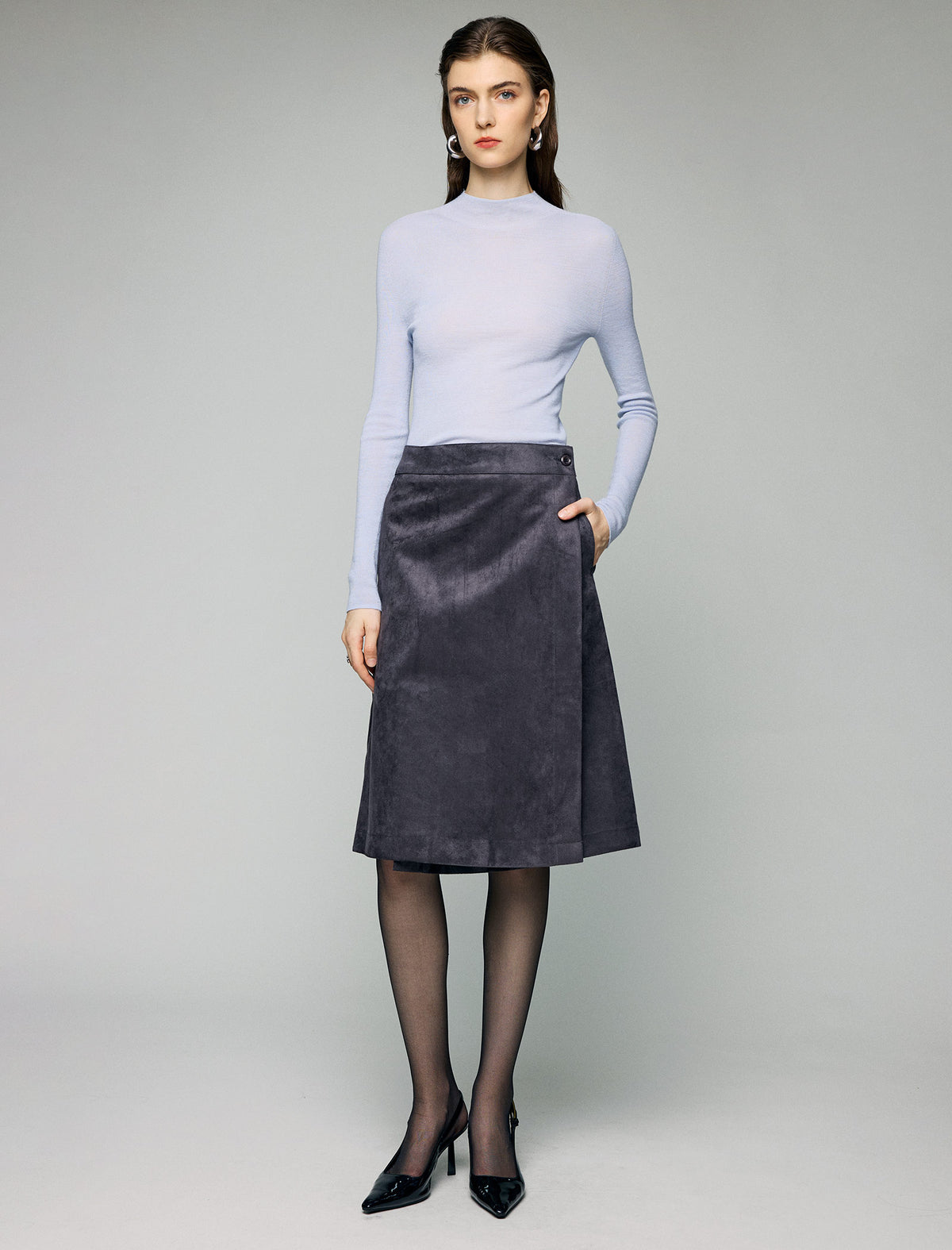 Wrap-Front Button High-Waist A-Line Midi Skirt