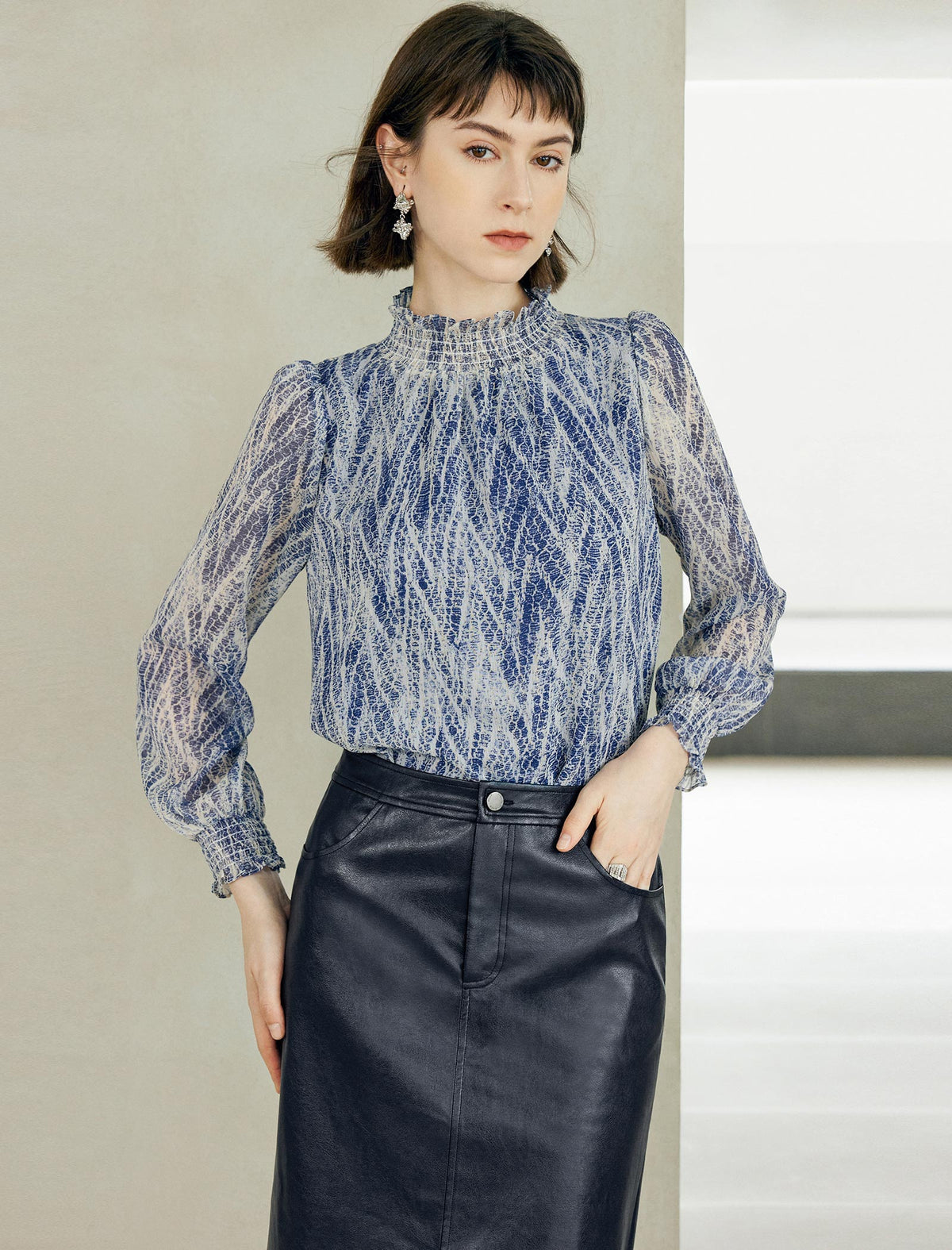 Printed Ruffled Stand Collar Long-Sleeve Blouse