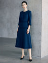 Sculpted Navy Texture Fringe Trim Midi Dress