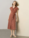 Zip-Up Collared Cap-Sleeve Belted Shirt Dress