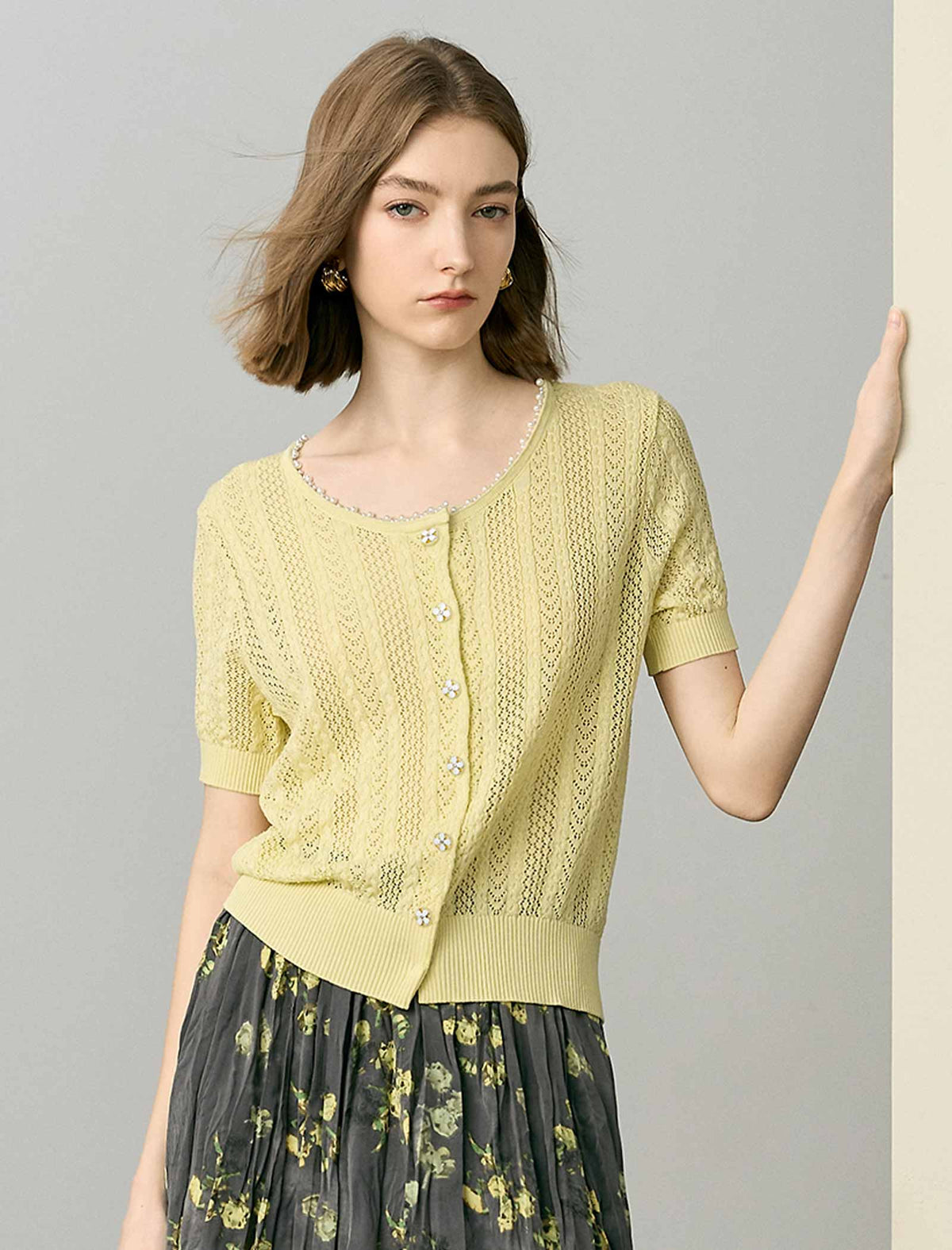 Pale Yellow Tencel Pearl Trim Knit Cardigan