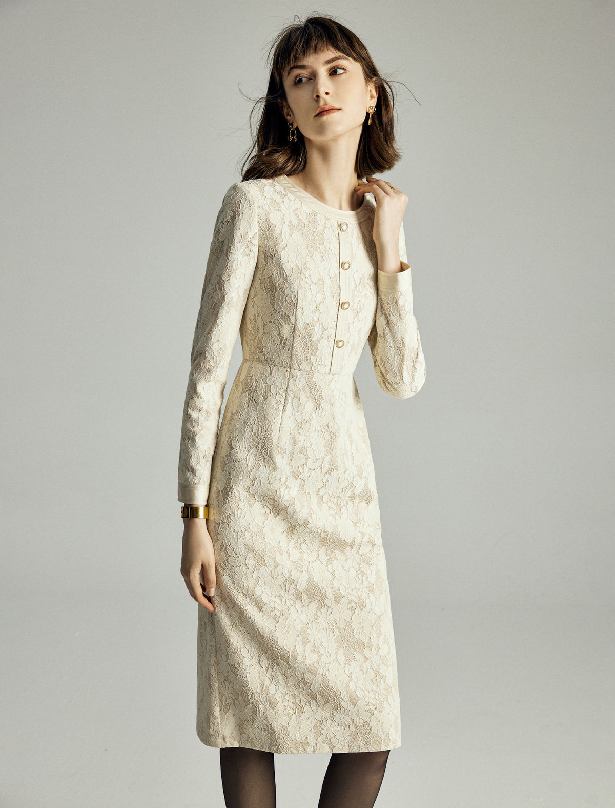 Lace Long Sleeve Fitted Straight-Fit Dress