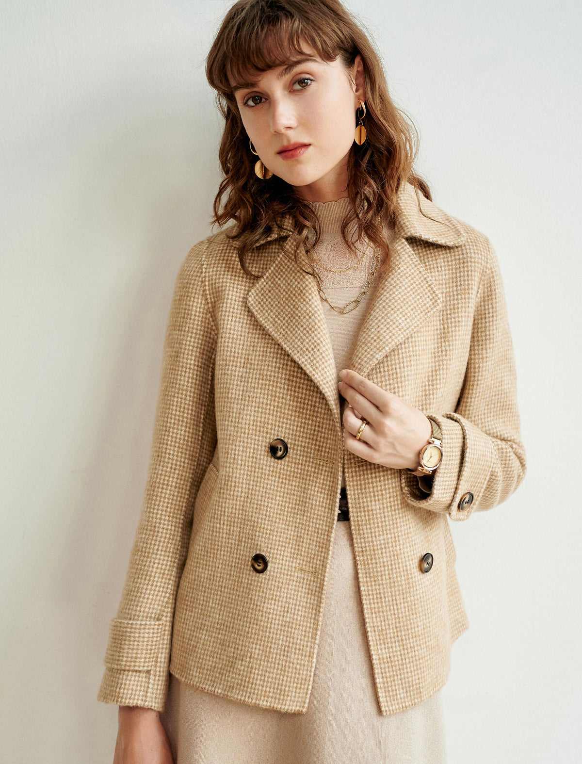 Wool Blend Plaid Notched-Lapel Double-Breasted Blazer