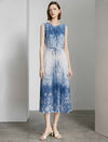 Blue Watercolor Tie-Dye Sleeveless Pleated Midi Dress