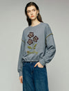 Embroidered Floral Crewneck Drop-Shoulder Drawstring Sweatshirt