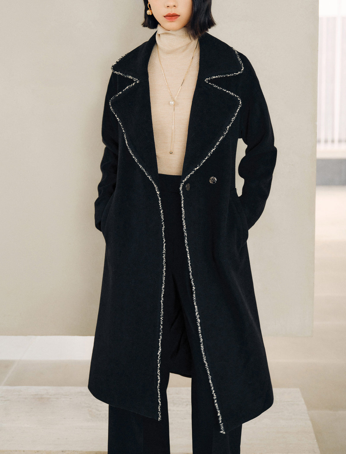Wool Blend Contrast-Stitch Long Coat