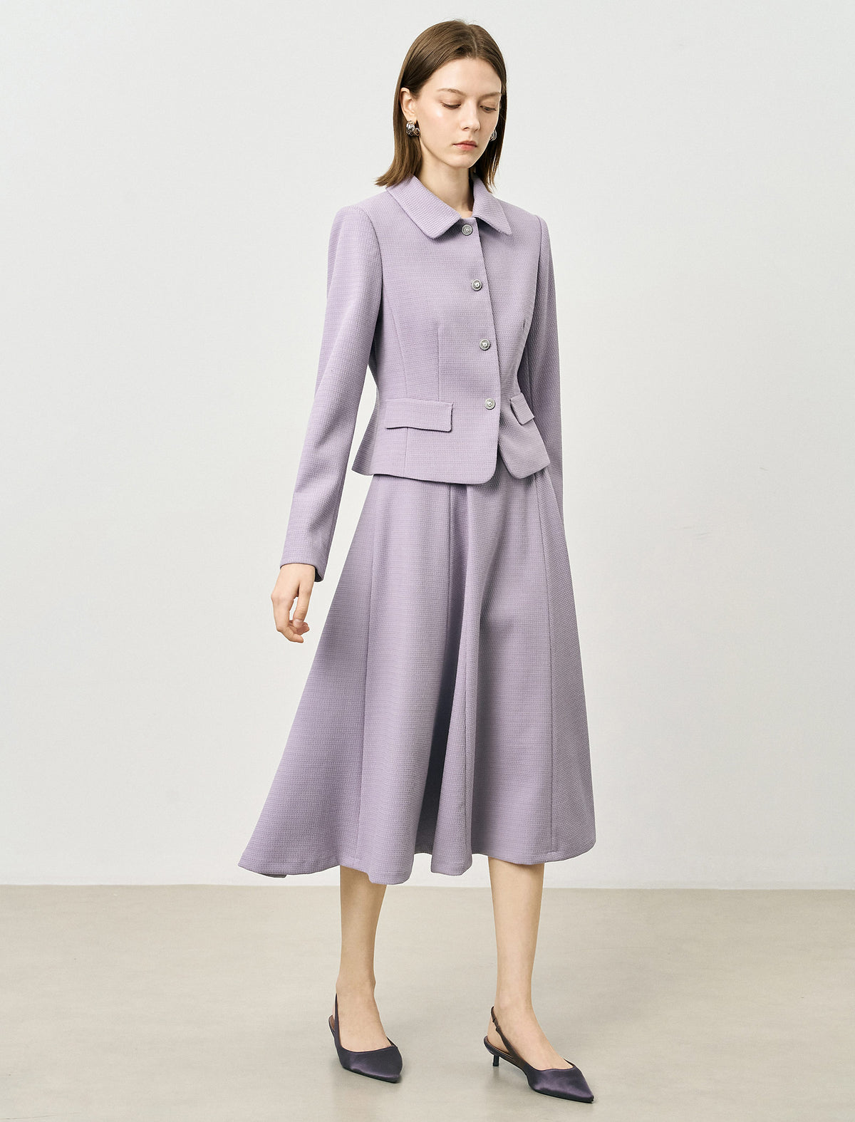 Purple Pleated A-Line Midi Skirt