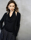 Black Draped Cowl Neck Cutout Knit Top